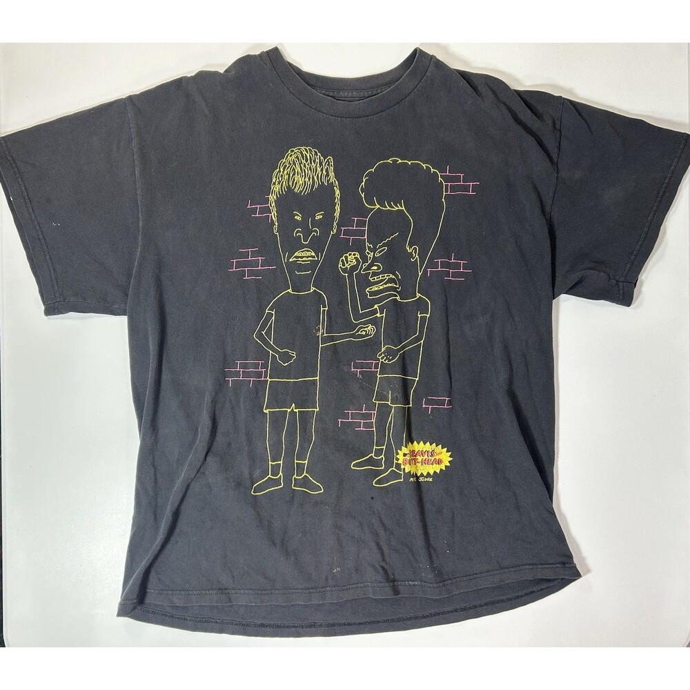 Vtg Y2K Beavis and Butthead Black Shirt Neon Line Graphic Grunge Tee